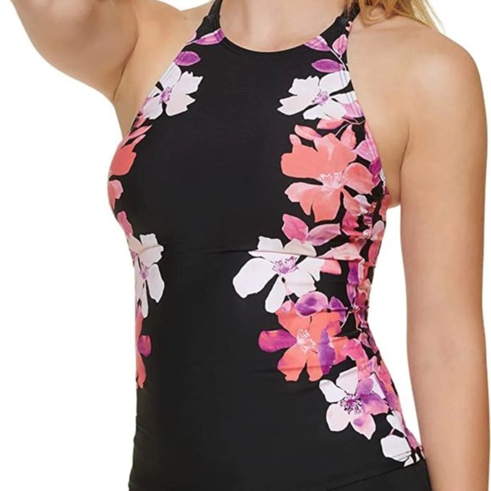 Calvin Klein Floral Printed High-Neck Cross-Back Tankini Swim Top Black XS